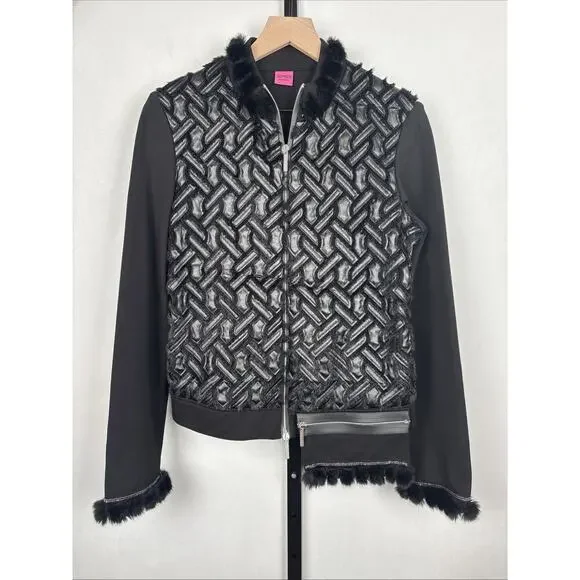 Save the Queen Italy Faux Leather Jacket Womens Medium Black Faux Fur Geometric - Picture 2 of 13
